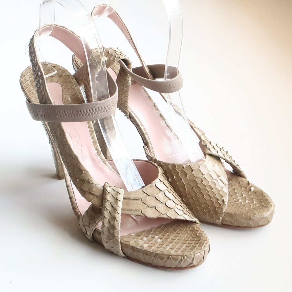 Chloe Sage Green Snakeskin Leather Open Toe Sandals Luxury Designer Summer Shoes - Picture 4 of 16